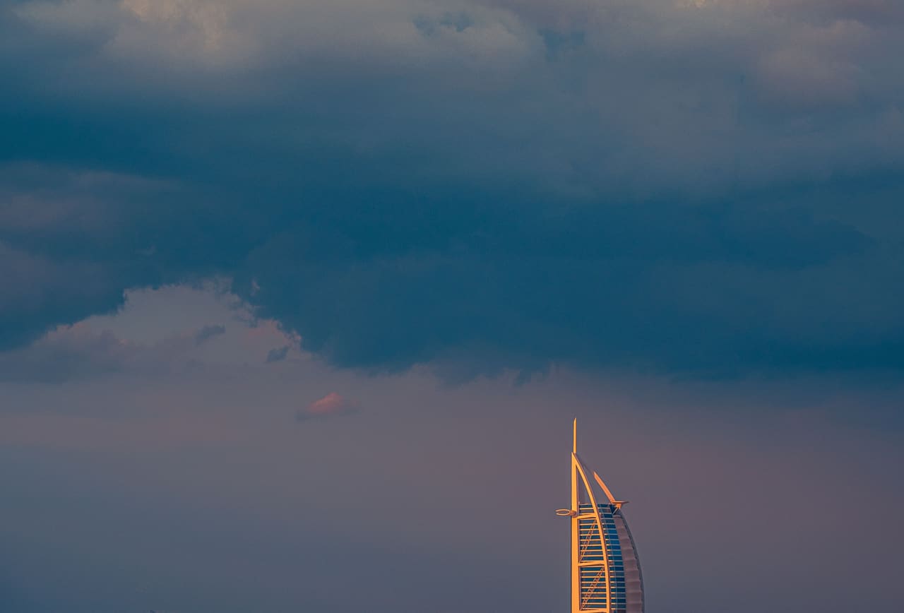 The Burj Al Arab seen through low cloud from above