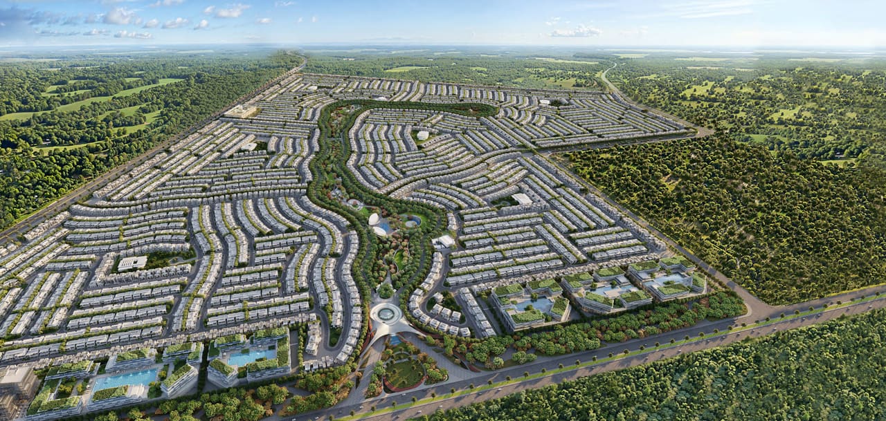 Aerial render of the Azizi Florence masterplan, its clusters set around a central green spine