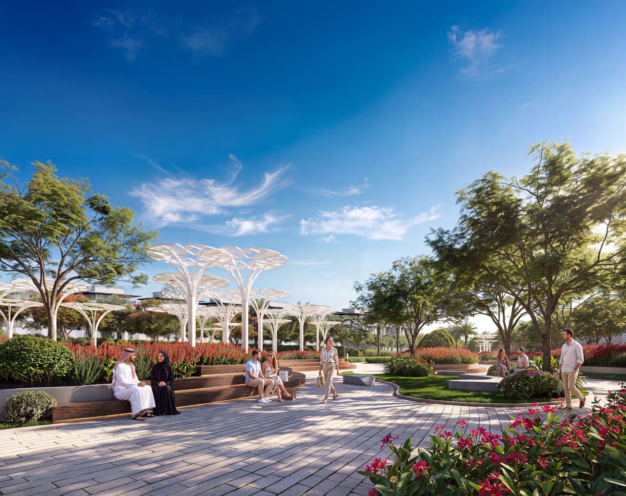 Render of a landscaped park within Azizi Florence, with shaded walkways and seating