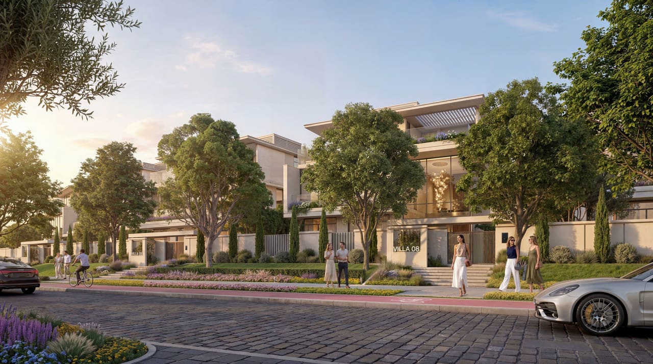 Render of a three-storey standalone villa at Azizi Florence seen from the street