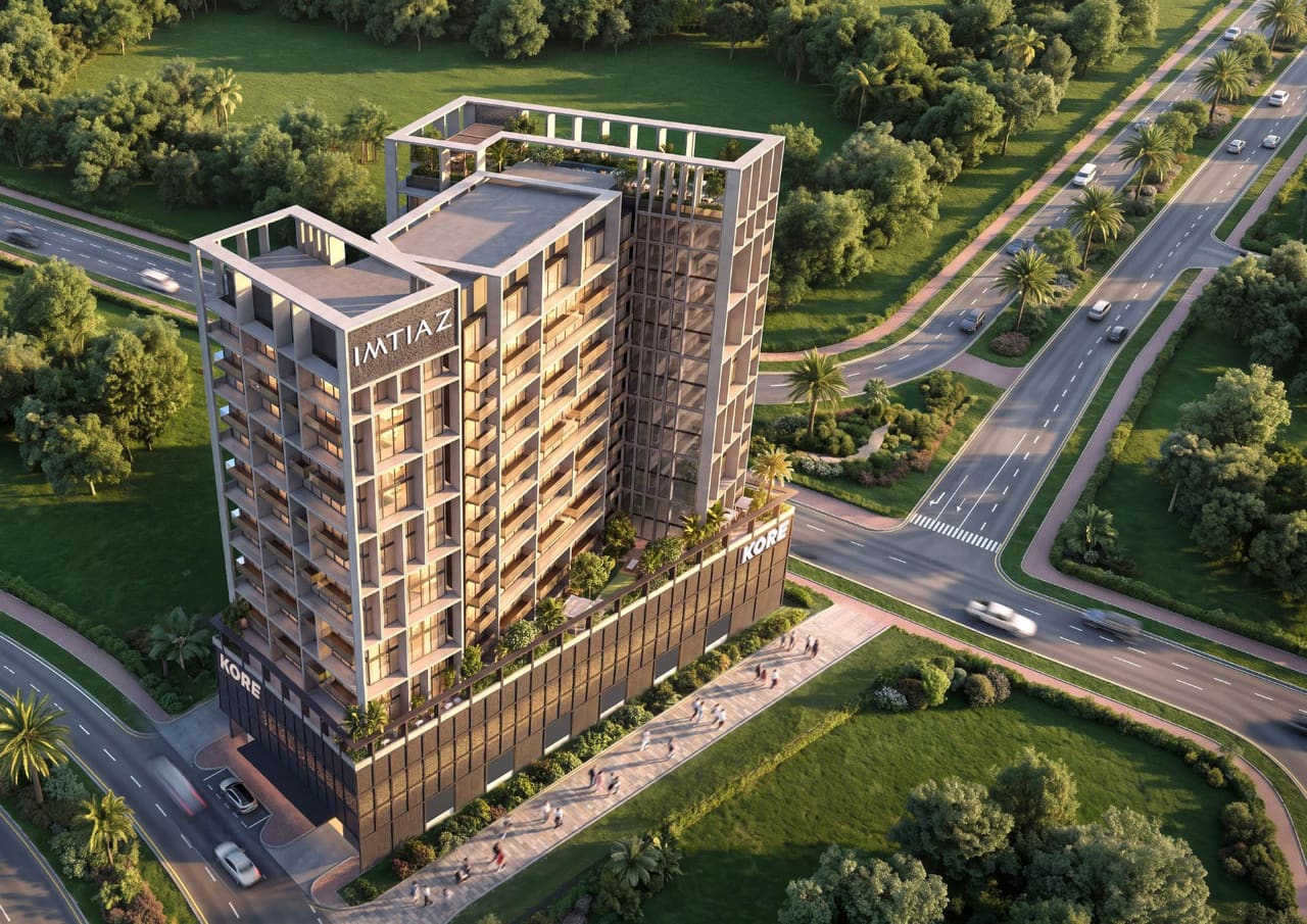 Aerial render of KORE by Imtiaz at a road junction, with its landscaped podium terrace and roof