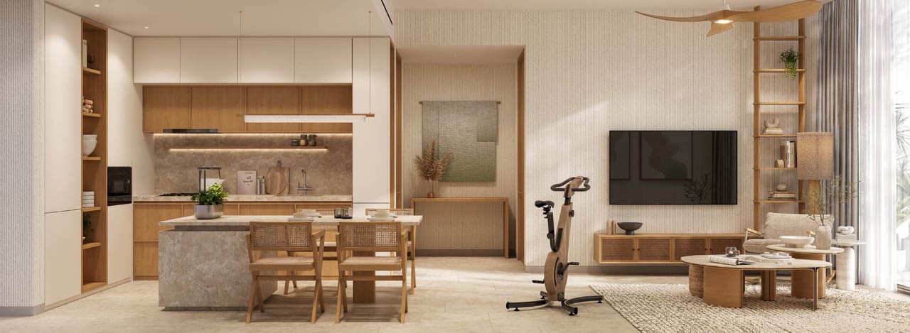Render of a KORE apartment interior with an oak kitchen, dining table, exercise bike and living area