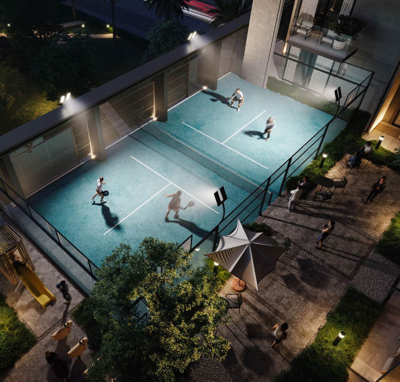 Night render of the podium padel court at KORE, with the garden and lounge areas around it
