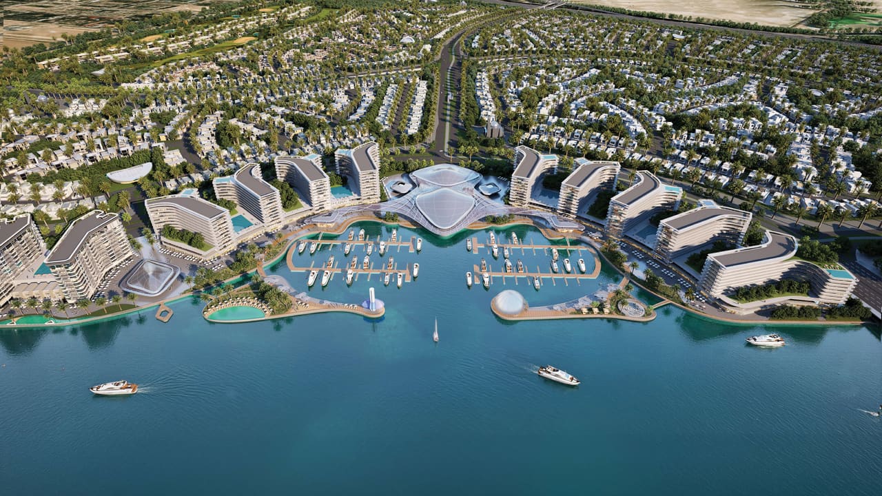 Aerial render of Sobha City, Abu Dhabi, with its marina, waterfront residences and green corridors