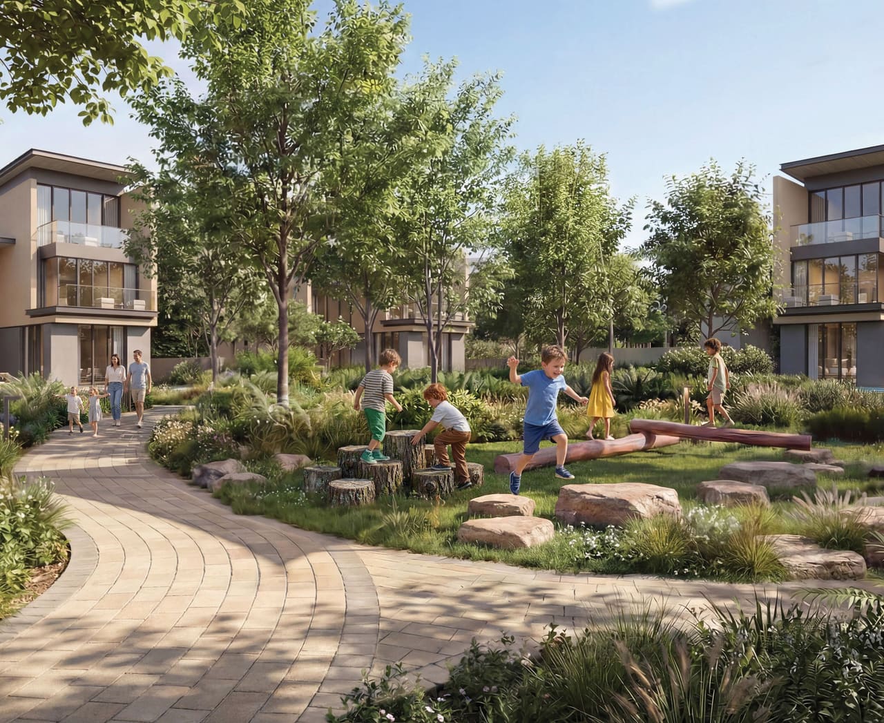 Render of garden villas at Sobha City with landscaped play areas between them