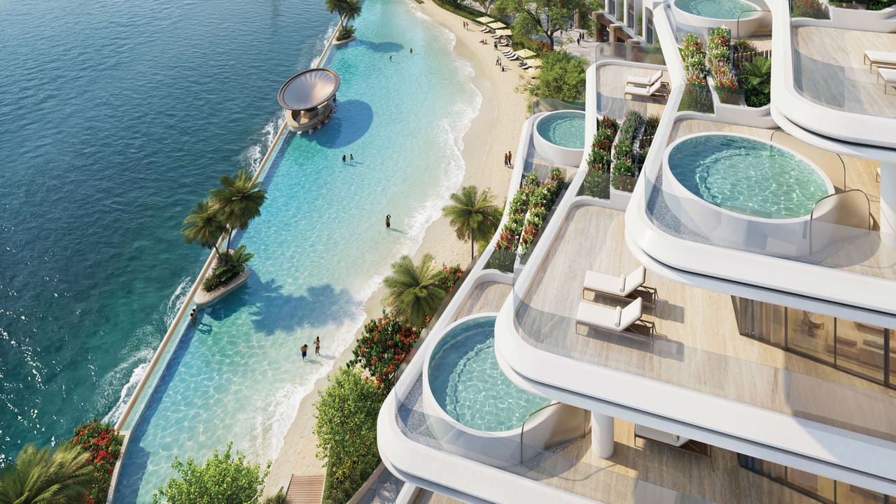 Render of the Sobha City waterfront, with terraced residences above a swimmable lagoon